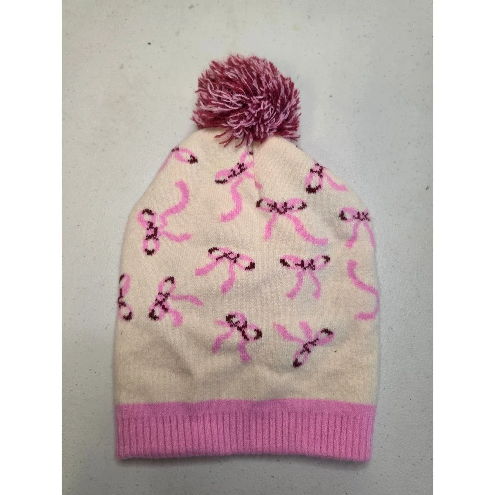 Great Northern Kids Pink Bow Knit Beanie Pom Pom Hat Cream Size 4-6x